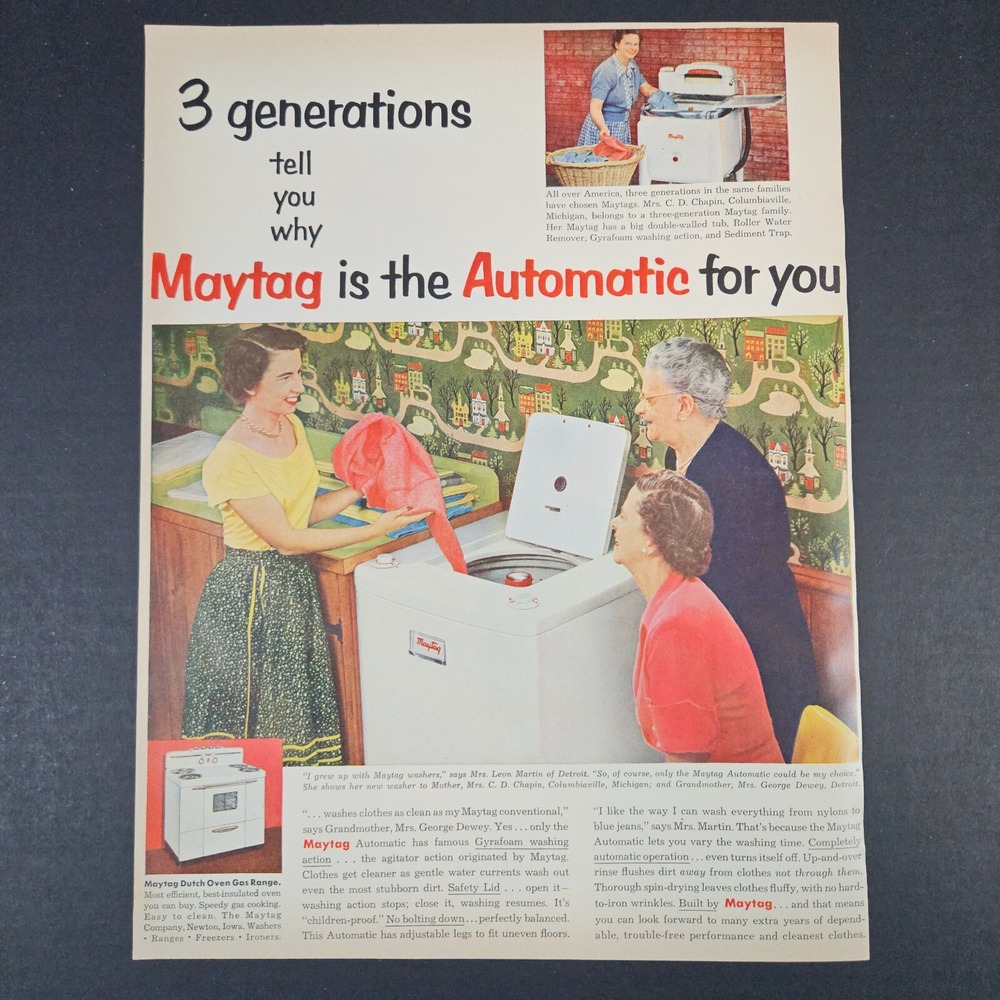 1953 Maytag Appliances Vintage Print Ad Washer Dryer Dutch Oven Range Newton IA
